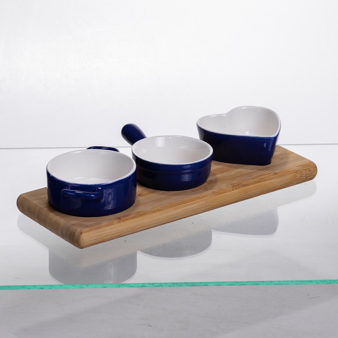 Набір менажниць порцелянових для закусок 3 (шт) по 50 (мл) менажниці на бамбуковій підставці Синій HZ001-B