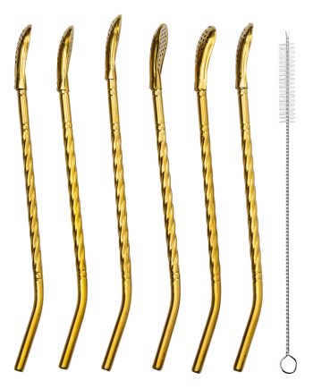 Набір багаторазових ложок-трубочок 6 шт для напоїв 19,5 см з щіткою Золотистий HP-20-56