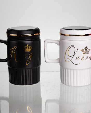 Набір парних порцелянових чашок з кришкою 2 (шт) по 450  (мл) Чорний з білим Yiwu FM-26