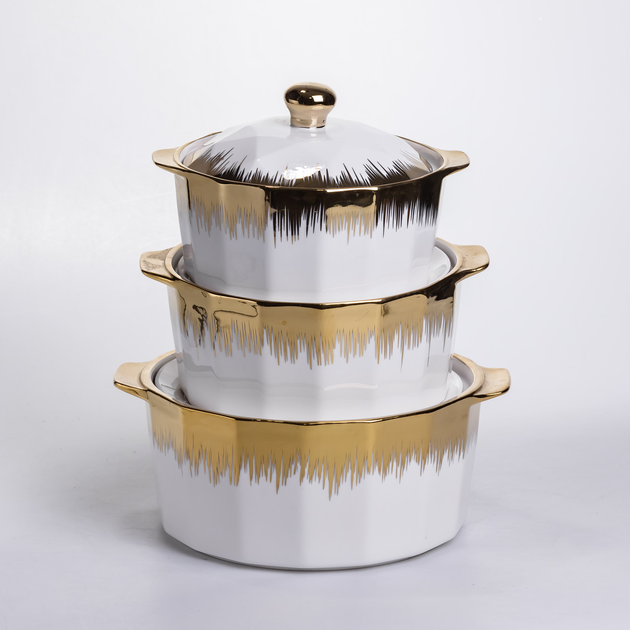 Набір супниць порцелянових 3 (шт) 1.5/2/3 (л) каструлі бульйонниці з кришкою та ручками для дому та ресторану з позолотою ML-T26-3