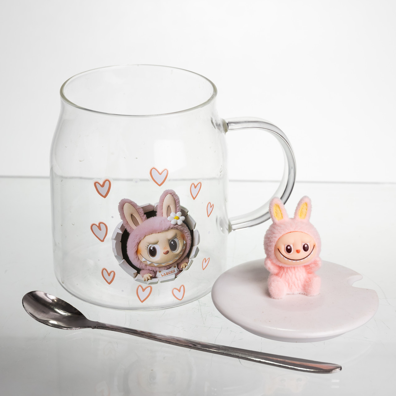Новорічна велика скляна чашка "Лабубу" з кришкою та ложкою 600 мл, Святкова кружка чашка для дітей на подарунок Рожевий FM-56B
