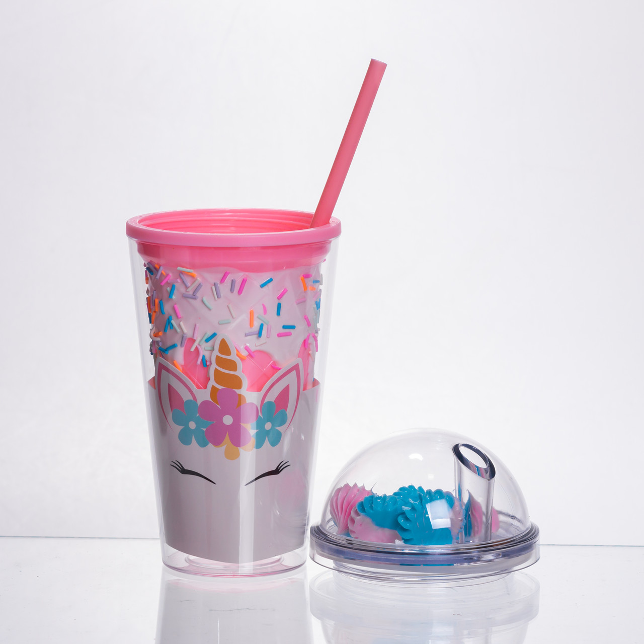 пластиковий стакан з трубочкою і кришкою 400 мл багаторазовий Рожевий HP-18-1P