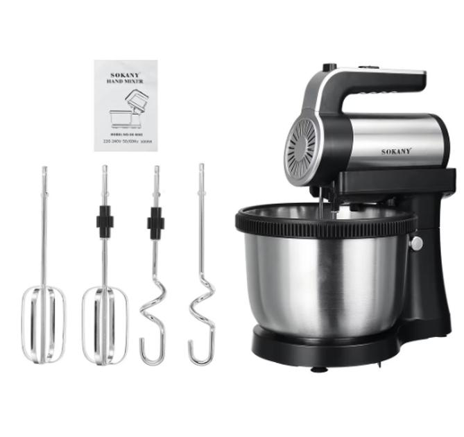 Стаціонарний міксер Sokany з чашею 4 л, 1000 Вт, 5 швидкостей, 2 насадки, віночки та гаки SK-6662