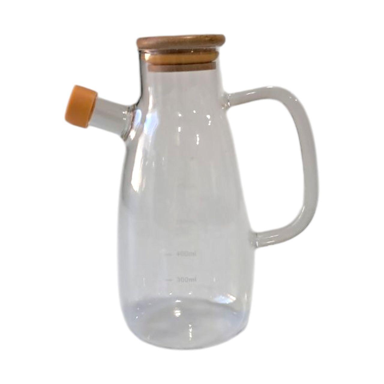 Скляна пляшка для олії та оцту з носиком і дозатором 650 мл, кришка з дерева, квадратна ручка HP-34-1-650