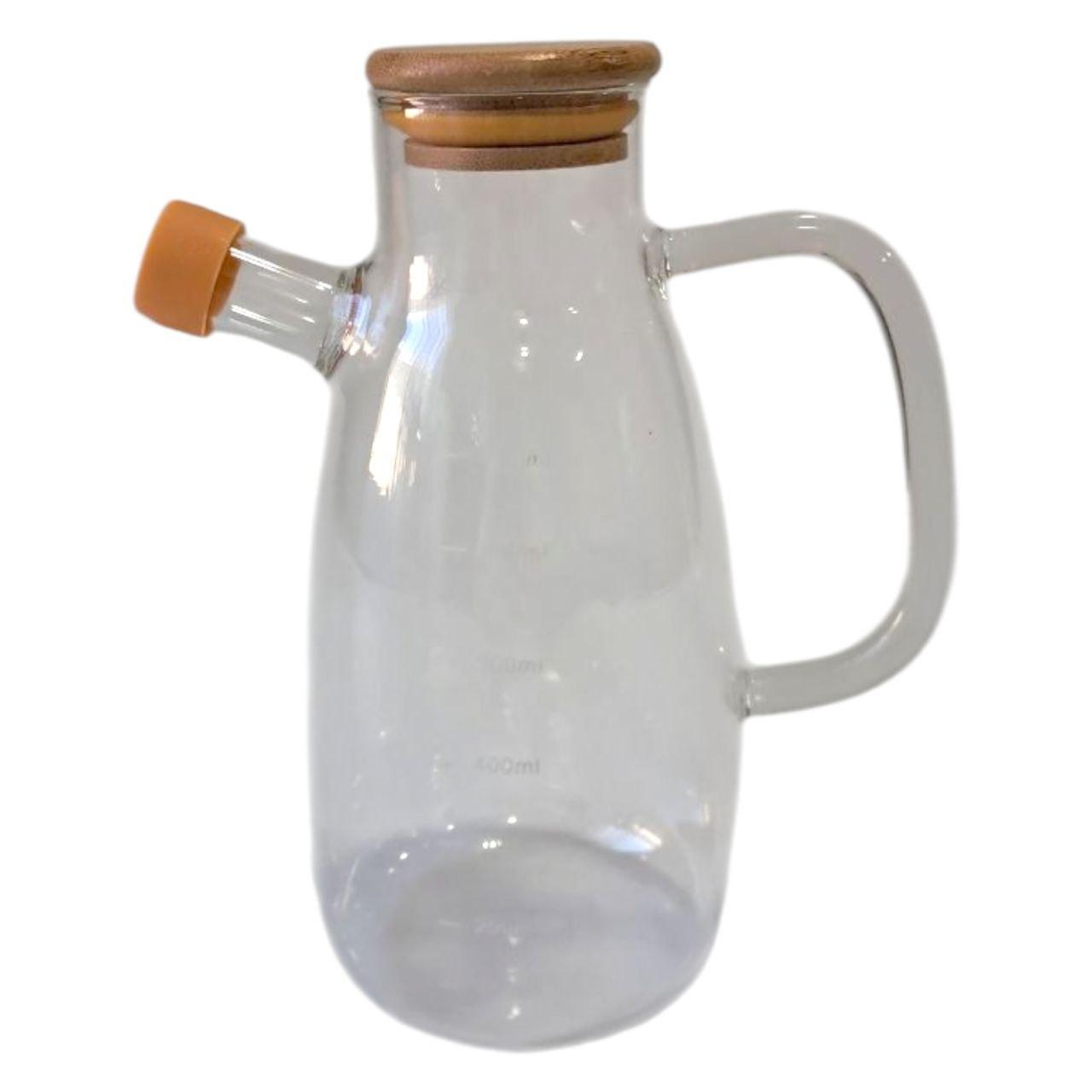 Скляна пляшка для олії та оцту з носиком і дозатором 650 мл, кришка з дерева, квадратна ручка HP-34-1-650