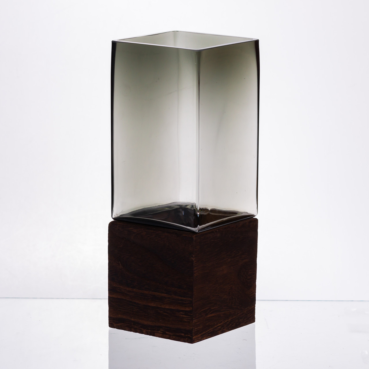 Скляна декоративна ваза квадратна, стильна ваза скло з деревом для квітів прозора HP-32-8