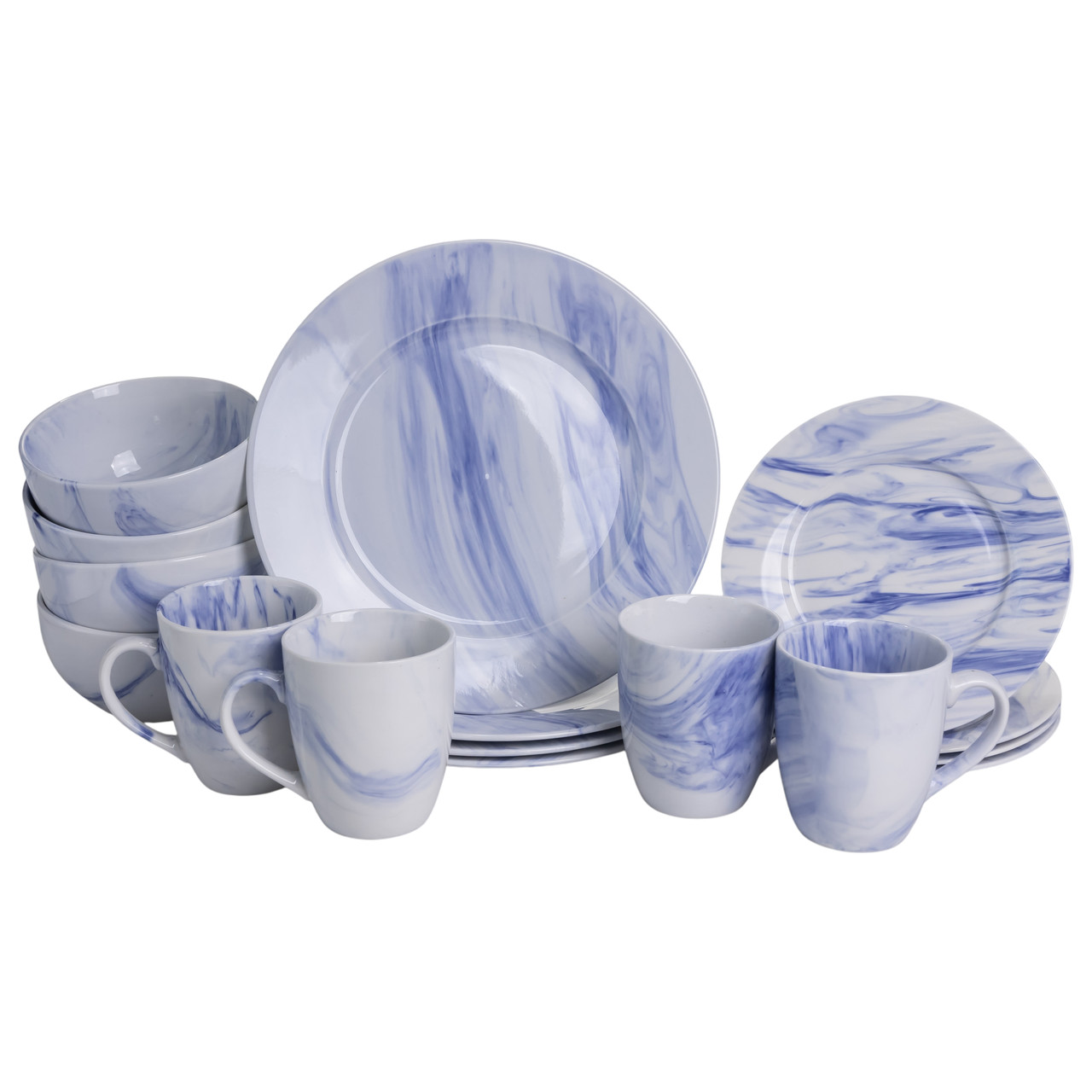 Столовий набір посуду тарілок і чашок 16 предметів на 4 особи Marble Clara порцеляновий Синій MD-16-3B