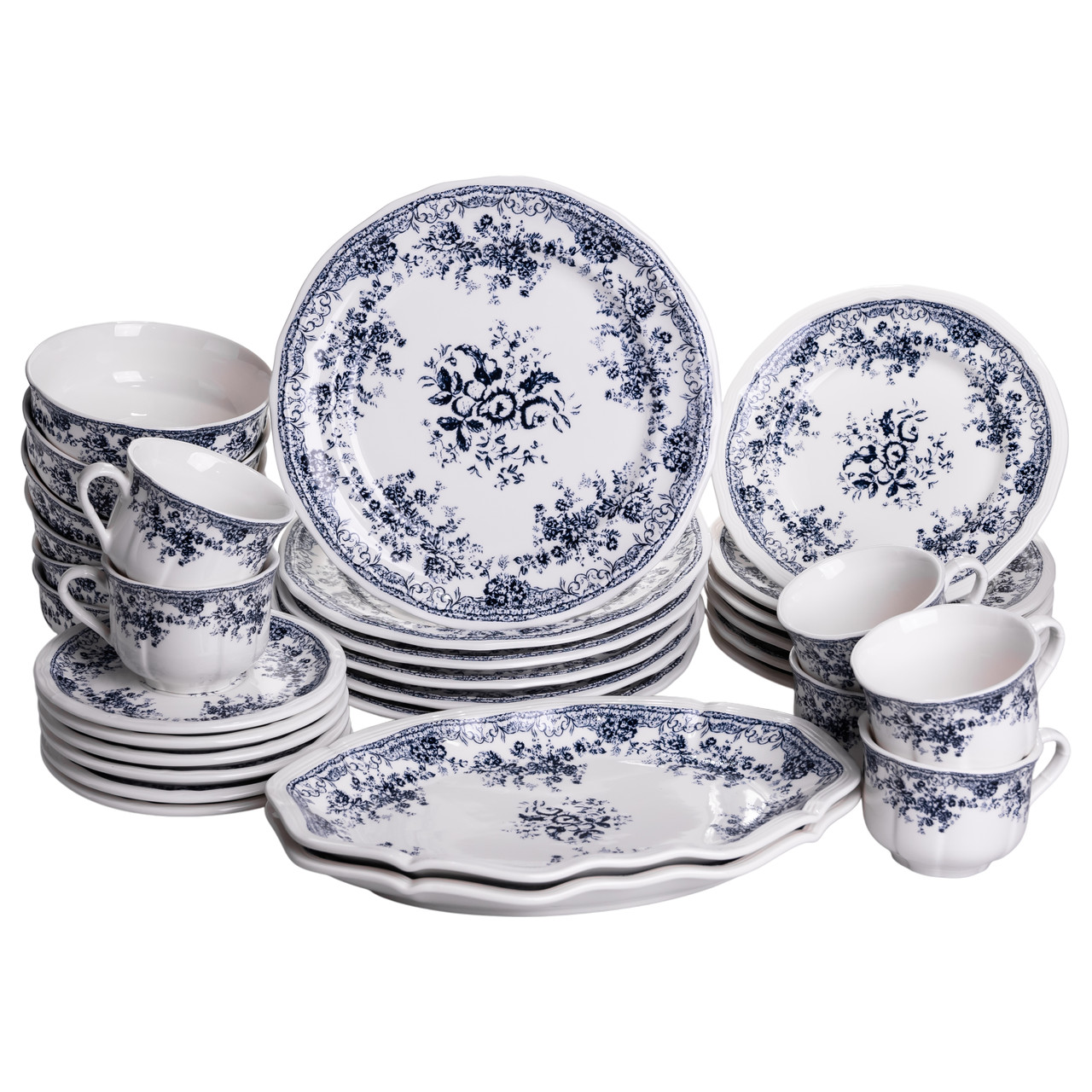 Столовий набір посуду тарілок і чашок 32 предмети на 6 персон Vintage Elegant порцеляновий, обідній столовий сервіз тарілок Синій YY78-6A