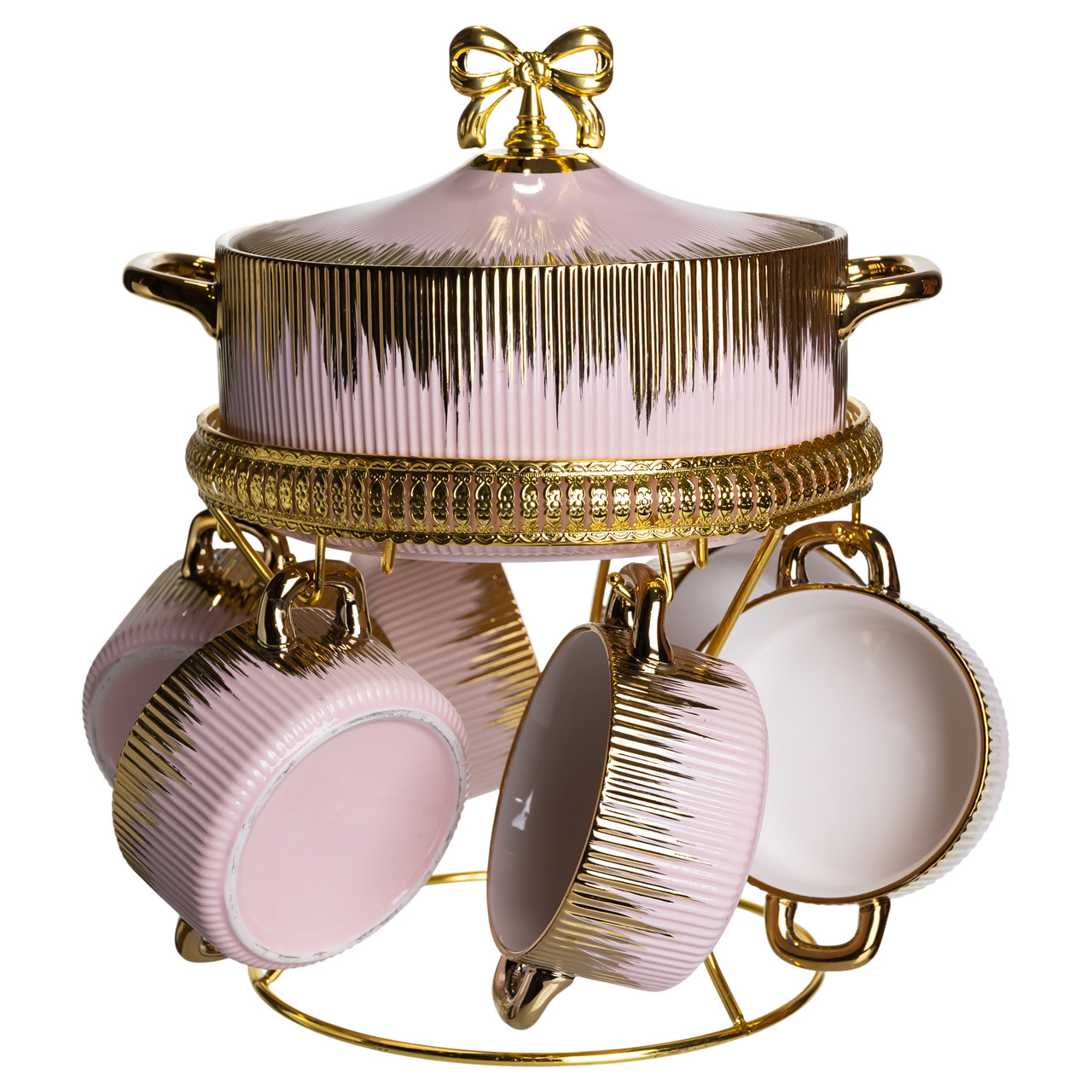 Суповий сервіз на 6 персон супниця 2 (л) на підставці з бульйонницями 400 (мл) тарілки для супу Рожевий з золотом FM-A23-5