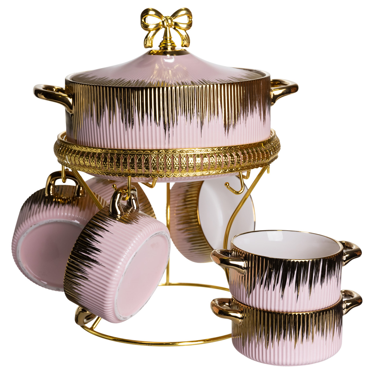 Суповий сервіз на 6 персон супниця 2 (л) на підставці з бульйонницями 400 (мл) тарілки для супу Рожевий з золотом FM-A23-5