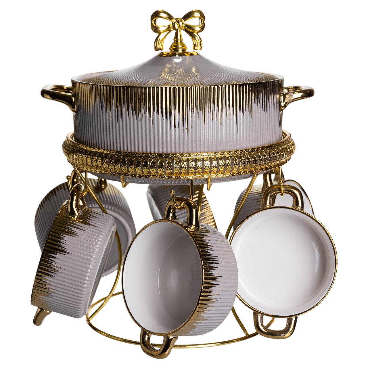 Суповий сервіз на 6 персон супниця 2 (л) на підставці з бульйонницями 400 (мл) тарілки для супу Сірий з золотом FM-A23-6