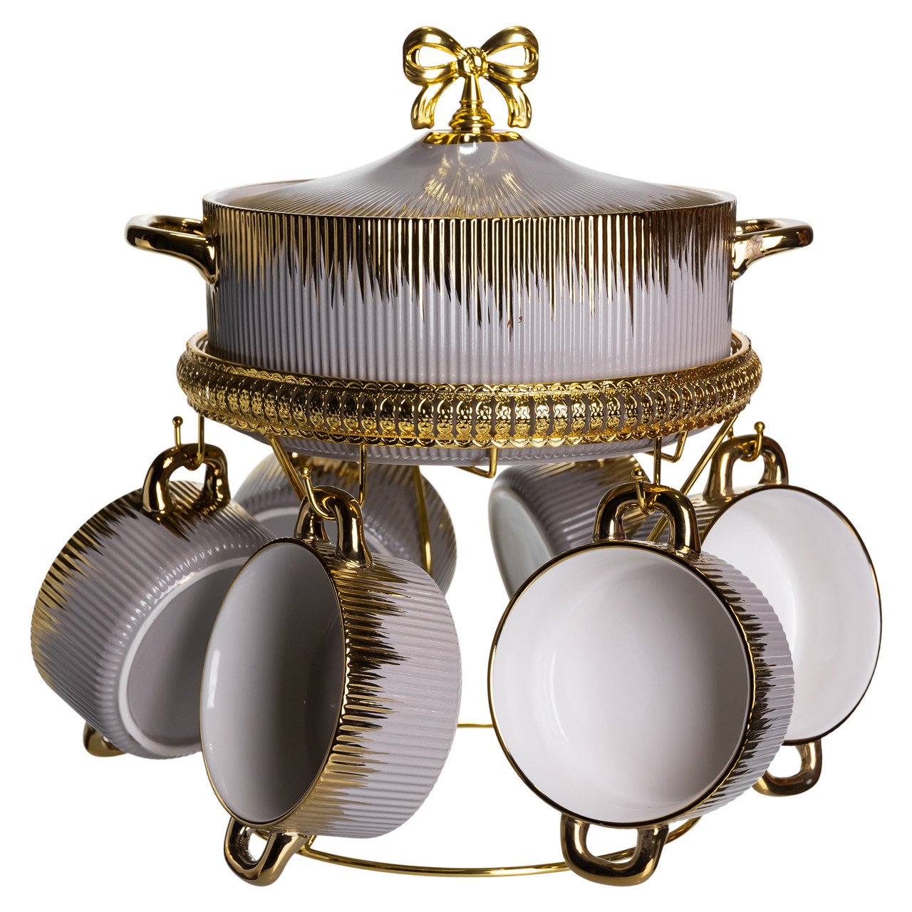 Суповий сервіз на 6 персон супниця 2 (л) на підставці з бульйонницями 400 (мл) тарілки для супу Сірий з золотом FM-A23-6