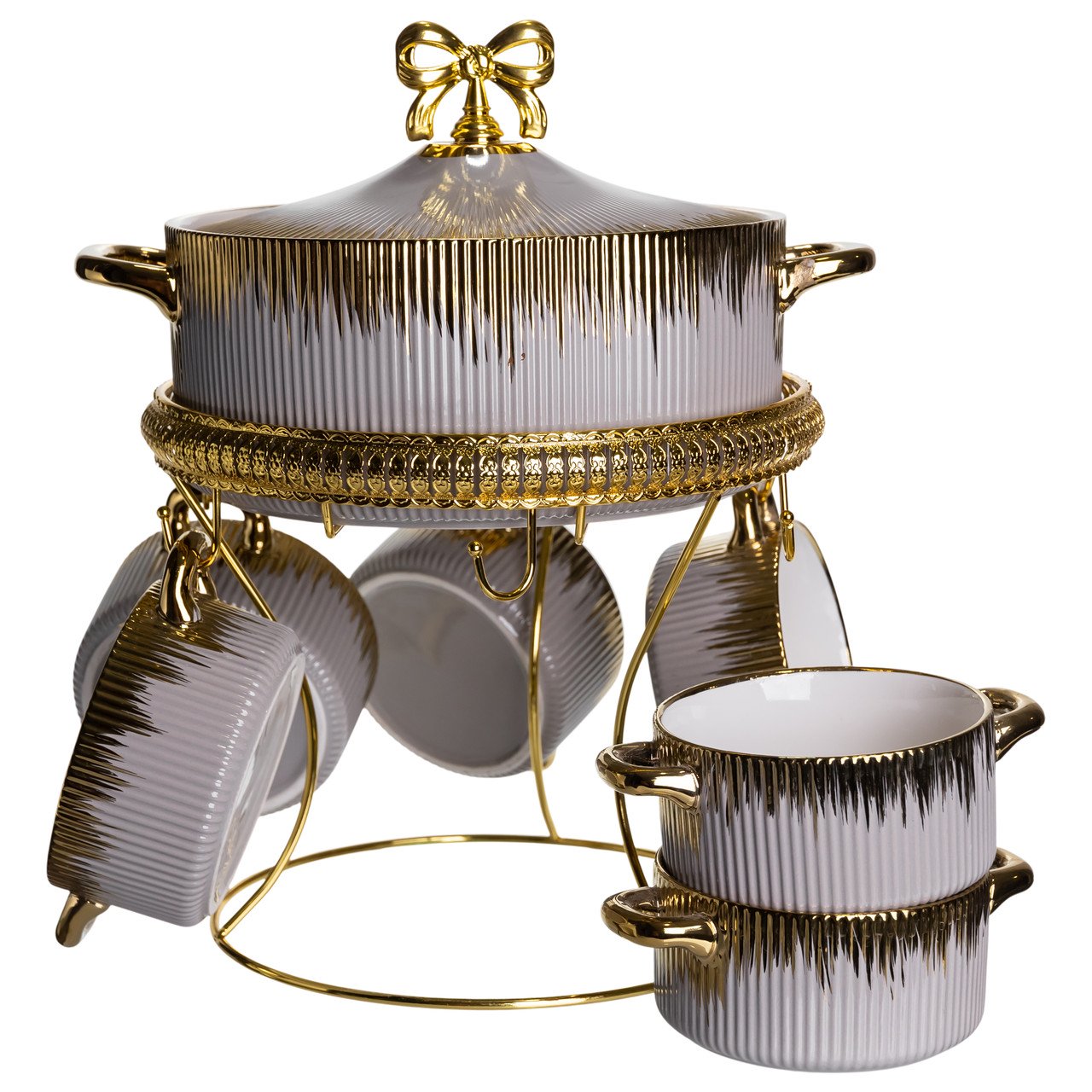 Суповий сервіз на 6 персон супниця 2 (л) на підставці з бульйонницями 400 (мл) тарілки для супу Сірий з золотом FM-A23-6