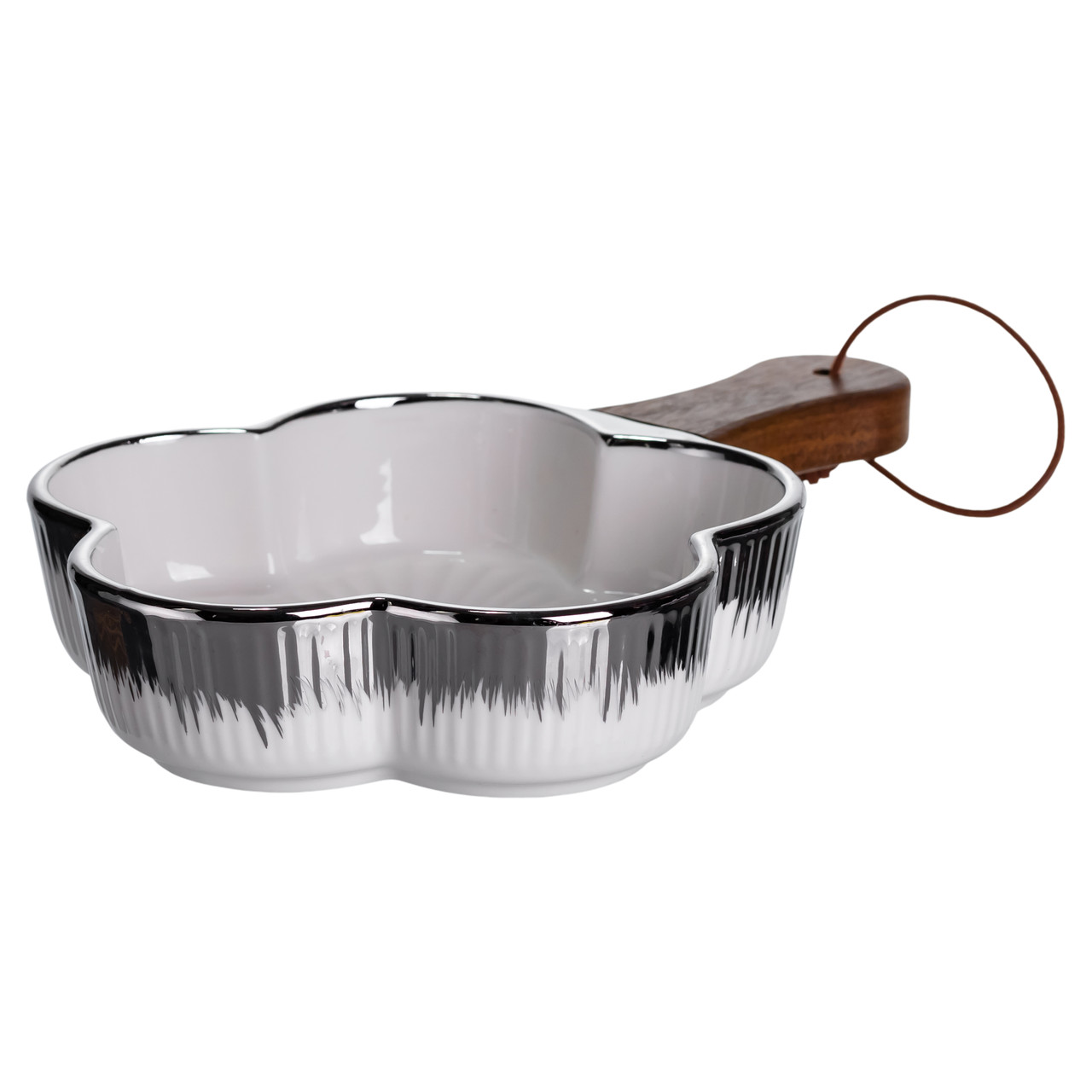 Тарілка порцелянова глибока з ручкою Квітка 24×16×4 (см) блюдо сервірувальне з ручкою для подачі тарілка сковорода Срібло ZJH-13-3