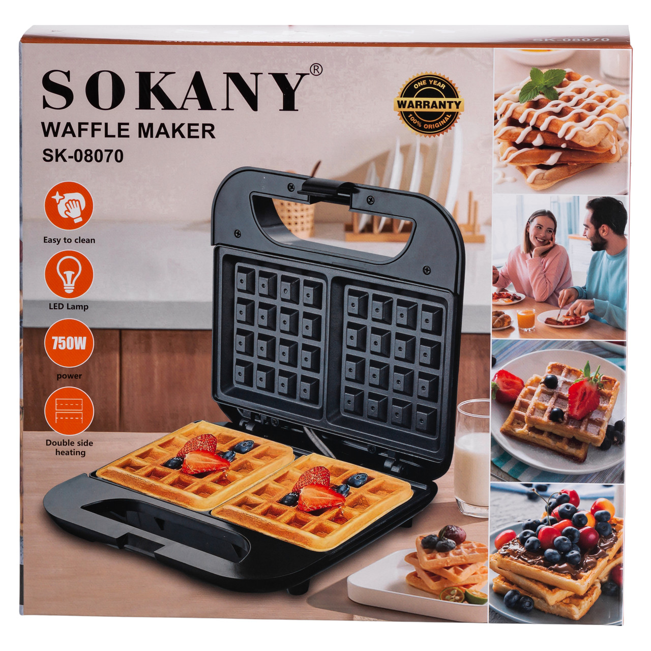 Вафельниця з антипригарним покриттям, швидким нагріванням і квадратною формою вафель 750 Вт Sokany SK-08070