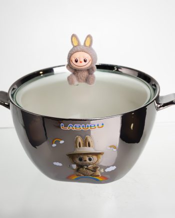 Бульйонниця порцелянова Labubu з кришкою та ручками 800 (мл) Ø15 (см) дитяча тарілка для супу та локшини Сріблястий з коричневим FM-34B