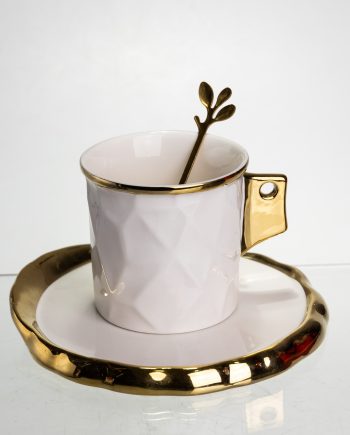 Чашка порцелянова для кави 200 (мл) з блюдцем і ложкою, гарна чашка в подарунок Білий із золотом FM-1B