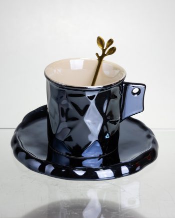 Чашка порцелянова для кави 200 (мл) з блюдцем і ложкою, гарна чашка в подарунок Чорний FM-2A