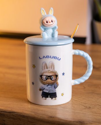 Чашка порцелянова з кришкою і ложкою Labubu 400 (мл) подарункова кружка прикольна чашка для дітей на подарунок Блакитний FM-35B