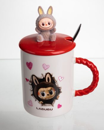 Кубок порцелянова з кришкою і ложкою Labubu 400 (мл) подарункова кружка прикольна чашка для дітей на подарунок Червоний FM-35D