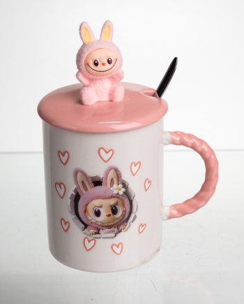 Кубок порцелянова з кришкою і ложкою Labubu 400 (мл) подарункова кружка прикольна чашка для дітей на подарунок Рожевий FM-35C