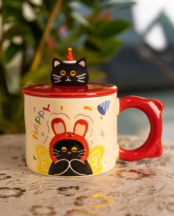 Кубок порцелянова з кришкою Kitten&apos;s Birthday 400 (мл) подарункова кружка прикольна чашка для дітей на подарунок Червоний FM-24D