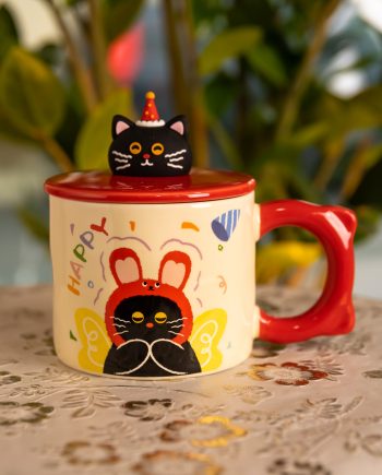 Кубок порцелянова з кришкою Kitten&apos;s Birthday 400 (мл) подарункова кружка прикольна чашка для дітей на подарунок Рожевий FM-24C