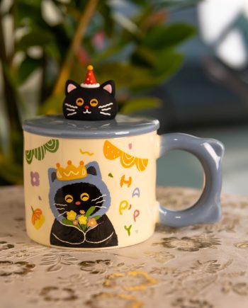 Кубок порцелянова з кришкою Kitten&apos;s Birthday 400 (мл) подарункова кружка прикольна чашка для дітей на подарунок Синій FM-24A