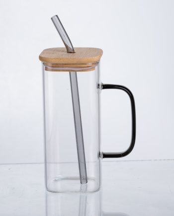 Чашка скляна 400 мл з бамбуковою кришкою та скляною трубочкою HP-19-146
