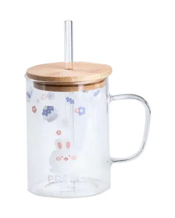 Чашка скляна з дерев&apos;яною кришкою та трубочкою HP7214B