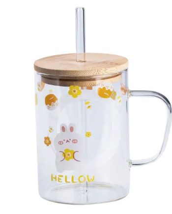 Чашка скляна з дерев&apos;яною кришкою та трубочкою HP7214C