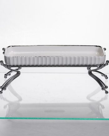 Порцелянове блюдо для сервірування на металевій підставці 37×18×5 (см) блюдо для подачі закусок Білий зі сріблом LB-1566S