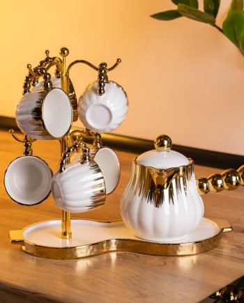Кавовий сервіз на підставці з туркою 450 (мл) 6 чашок по 90 (мл) подарунковий набір чашок на підставці Білий із золотом FM-JJ-5