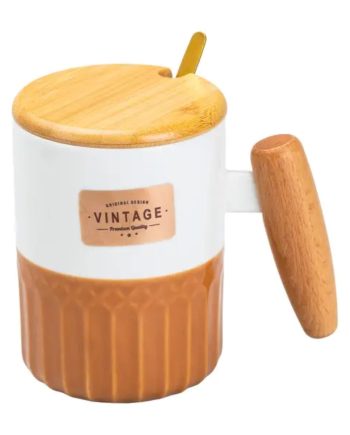 Чашка порцелянова з бамбуковою кришкою та ручкою 400 мл Коричнева HP7204BR