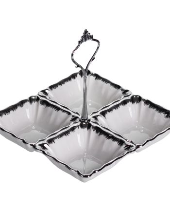 Менажниця порцелянова на 4 секції для закусок 18×18×3 (см) з ручкою Білий з сріблом LC-BYL-100-S