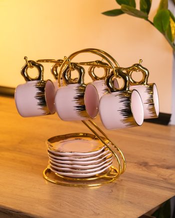 Набір чашок для кави на металевій підставці 6 (шт) по 100 (мл) подарунковий кавовий сервіз набір чашок Розовий із золотом FM-48