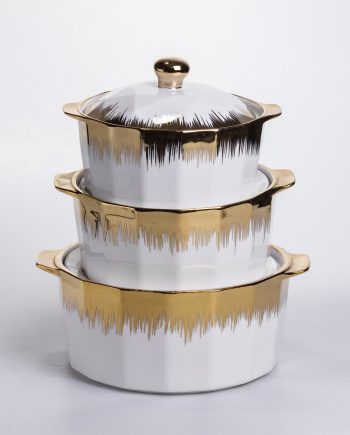 Набір супниць порцелянових 3 (шт) 1.5/2/3 (л)  каструлі бульйонниці з кришкою та ручками для дому та ресторану з позолотою ML-T26-3
