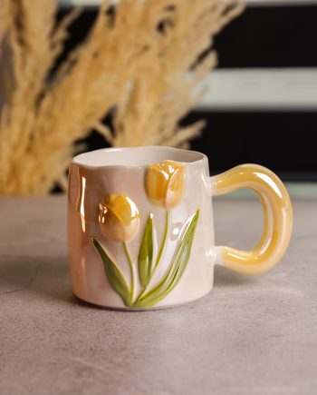 Новорічна порцелянова чашка для чаю та кави "Ніжний Тюльпан" з 3D-декором 400 мл, святкова кружка чашка на подарунок Помаранчевий FM-40B