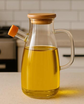Скляна пляшка для олії та оцту з носиком і дозатором 650 мл, кришка з дерева, квадратна ручка HP-34-1-650