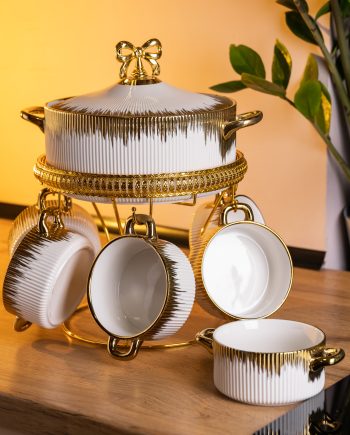 Суповий сервіз на 6 персон супниця 2 (л) на підставці з бульйонницями 400 (мл) тарілки для супу Білий із золотом FM-A23-2