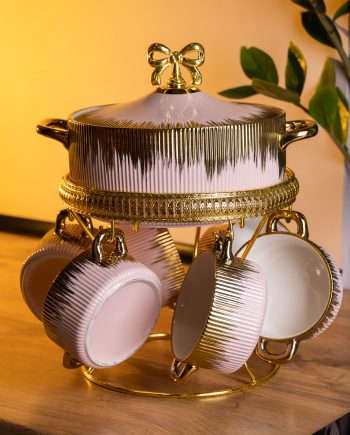 Суповий сервіз на 6 персон супниця 2 (л) на підставці з бульйонницями 400 (мл) тарілки для супу Рожевий з золотом FM-A23-5