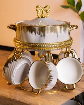 Суповий сервіз на 6 персон супниця 2 (л) на підставці з бульйонницями 400 (мл) тарілки для супу Сірий з золотом FM-A23-6