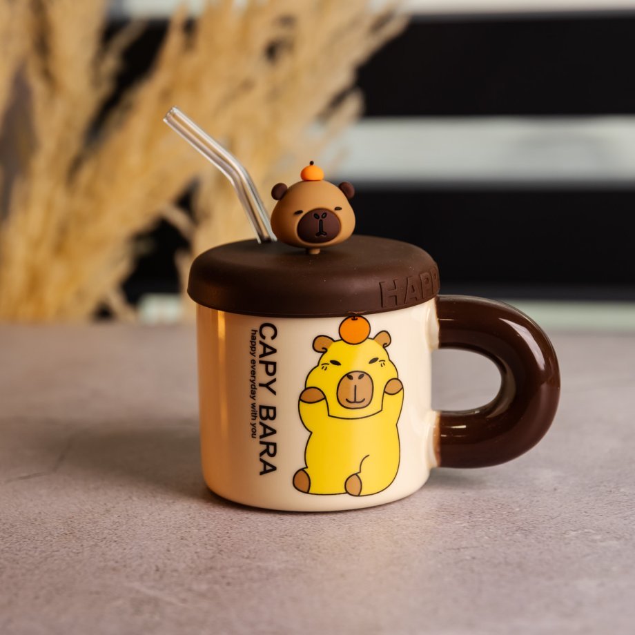 Кубок порцелянова з кришкою і трубочкою Капібара з апельсином 300 (мл) FM-27C