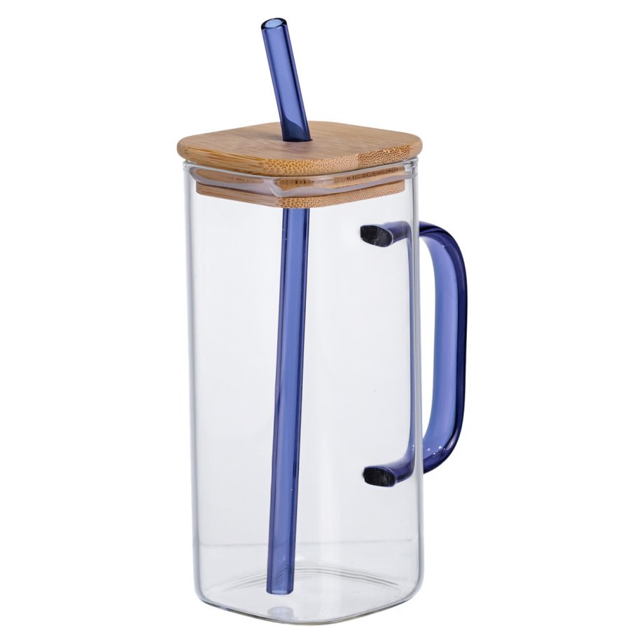 Скляна чашка 400 мл з бамбуковою кришкою і синьою трубочкою HP-19-146BL