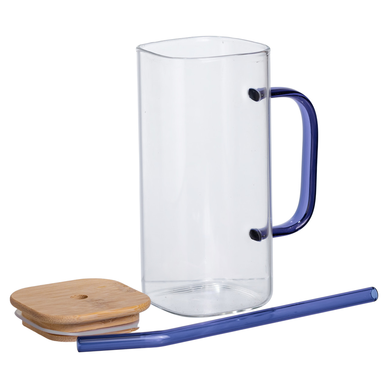 Скляна чашка 400 мл з бамбуковою кришкою і синьою трубочкою HP-19-146BL