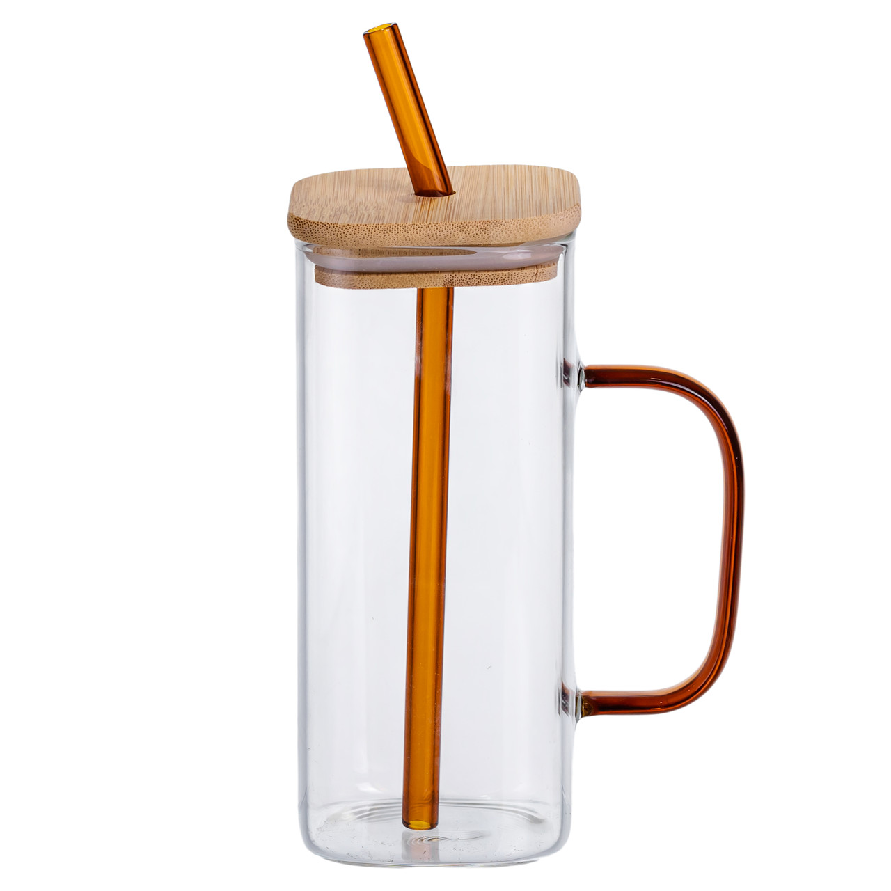 Скляна чашка 400 мл з бамбуковою кришкою і золотистою трубочкою HP-19-146GOLD