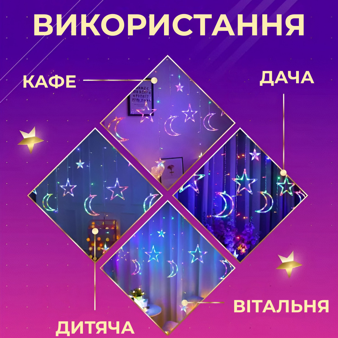 Гірлянда світлодіодна штора GarlandoPro зірка і місяць 108LED 3х0,9 м гірлянда зірка 17333057ML