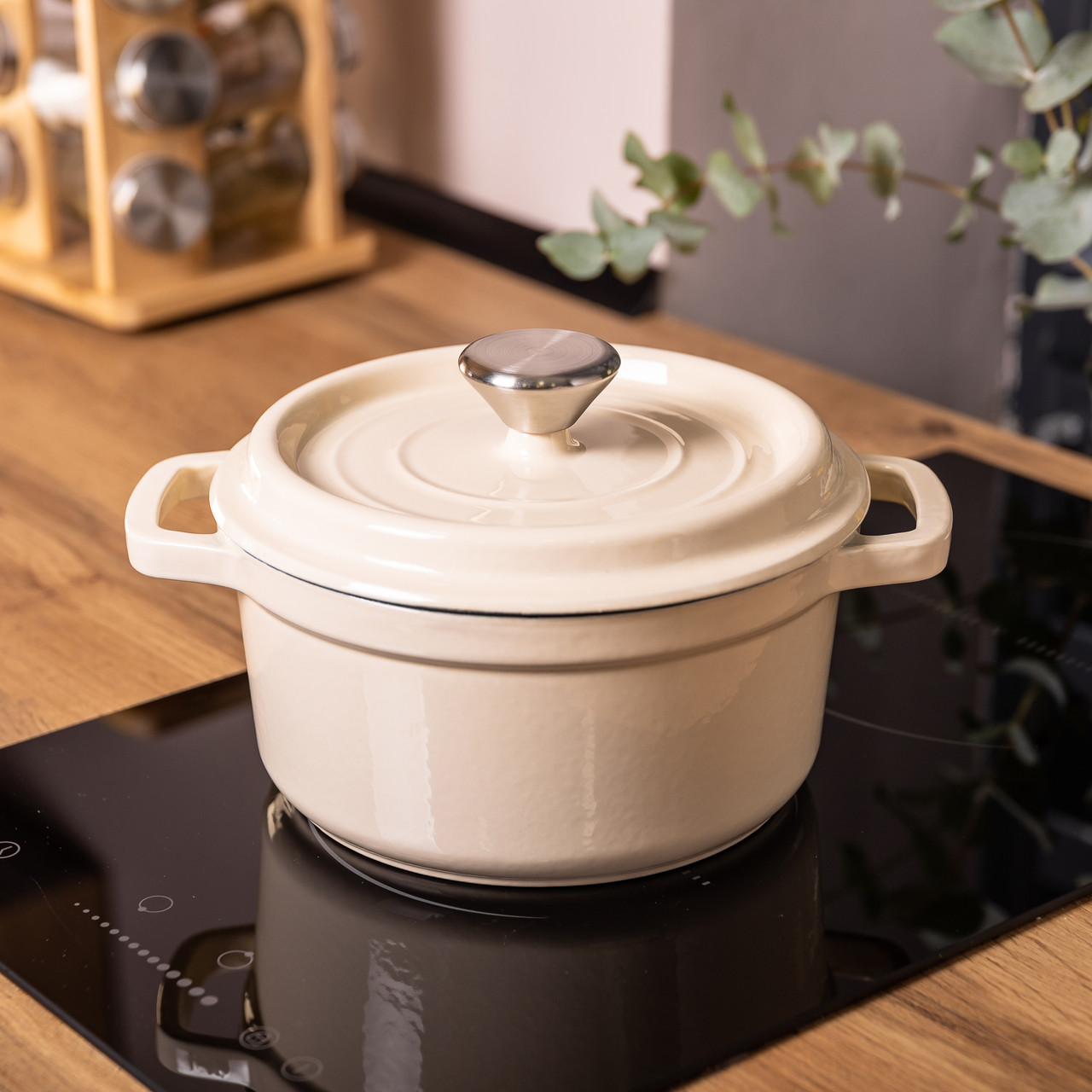 Каструля чавунна емальована 2 л з кришкою Ø20 см Бежева HP-1-2BE