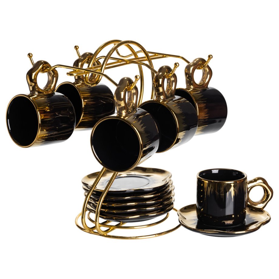 Набір чашок для кави на металевій підставці 6 (шт) по 100 (мл) Чорний з золотом FM-47