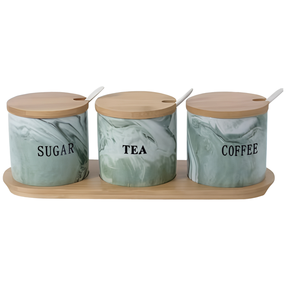 Набір керамічних банок для сипучих продуктів на підставці (3 шт.) Зелений мармур SCT-661